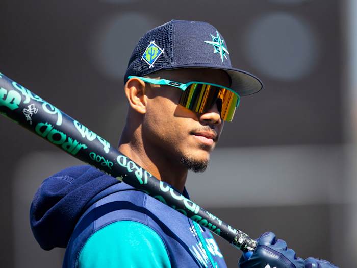 Mar 17, 2022; Peoria, AZ, USA; Seattle Mariners outfielder Julio Rodriguez during spring training workouts at Peoria Sports Complex.